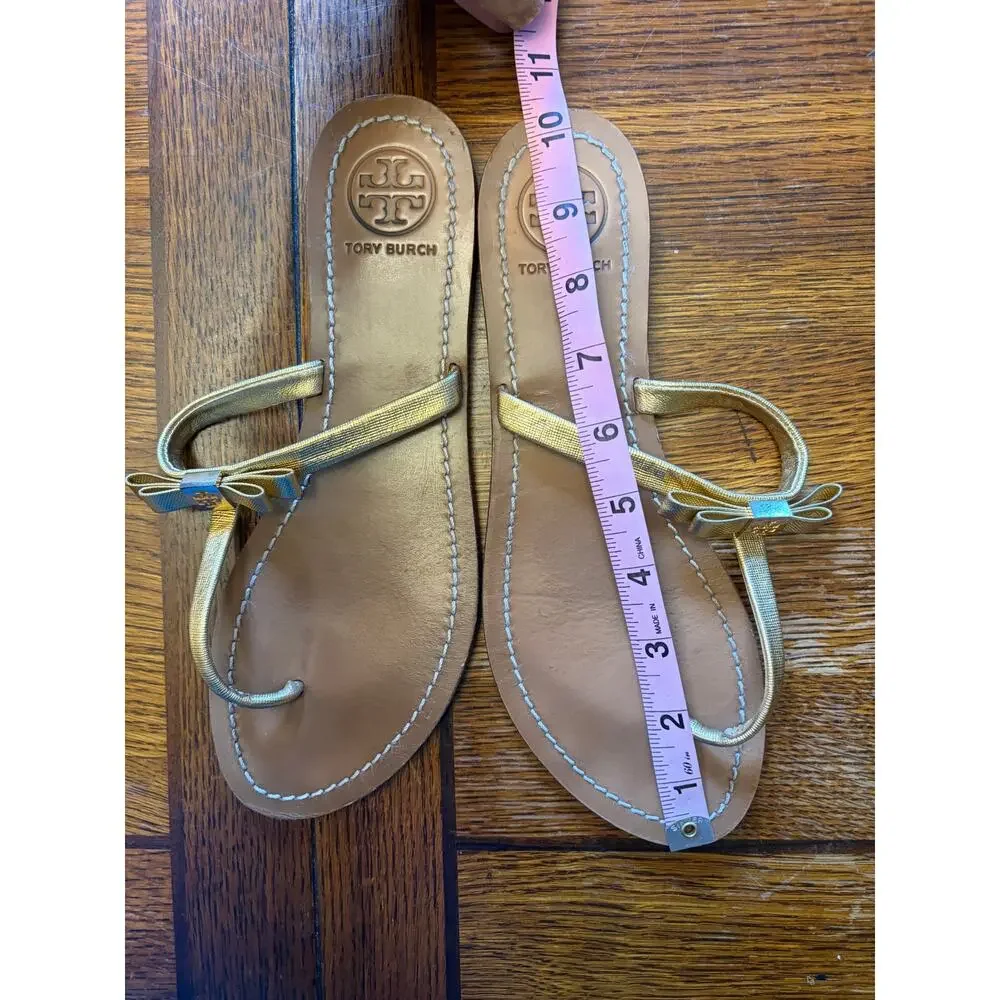 Tory Burch Leighanne Gold Metallic Leather Bow Thong Sandals Size 9